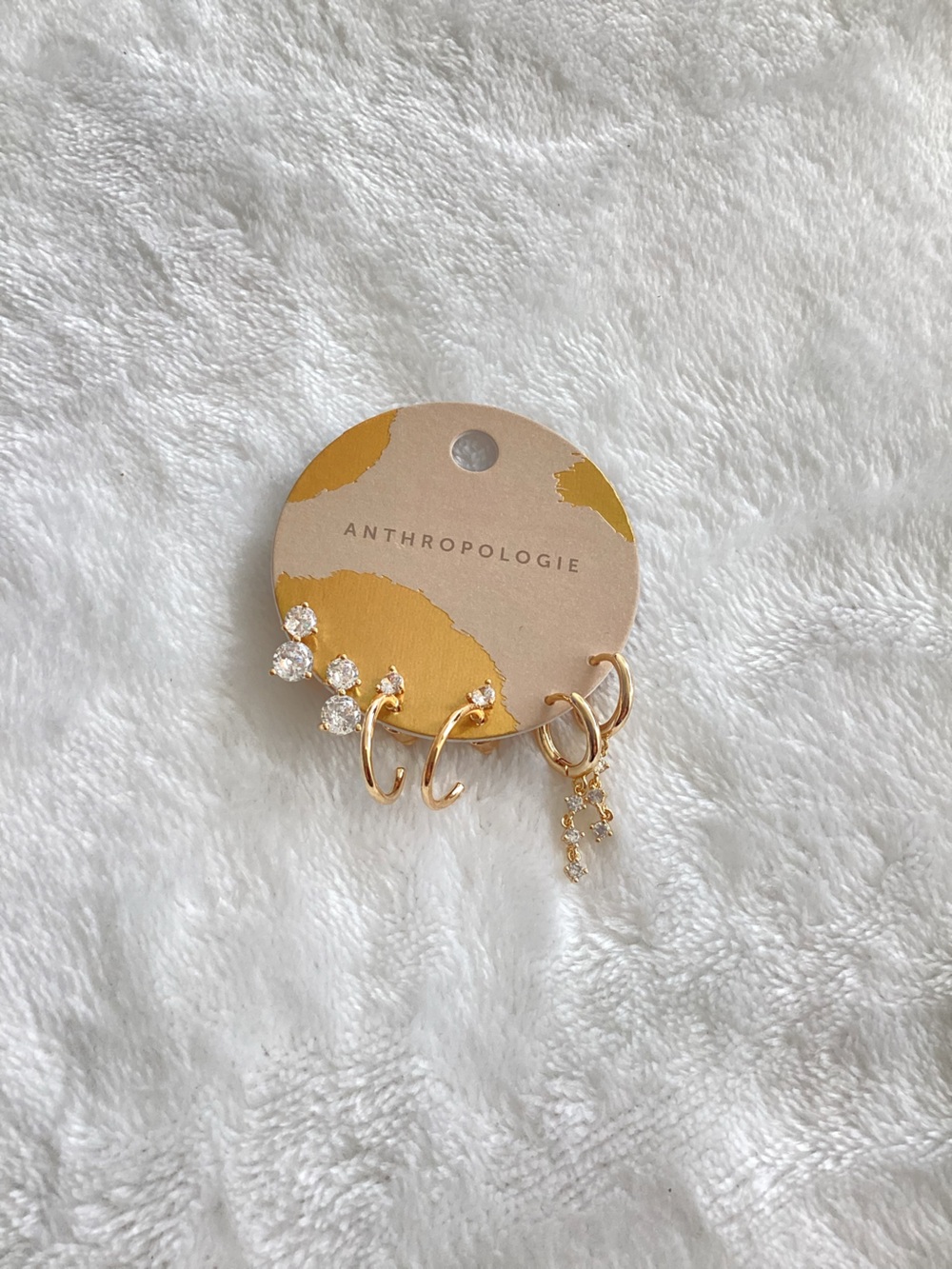 Anthropologie 14KT Gold Plated Earrings Thin Drop New Set of 3 CZ Hoops - Picture 2 of 7